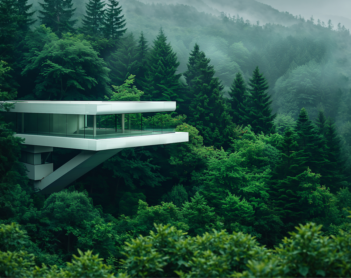 Highland field station overlooking a misty forest valley