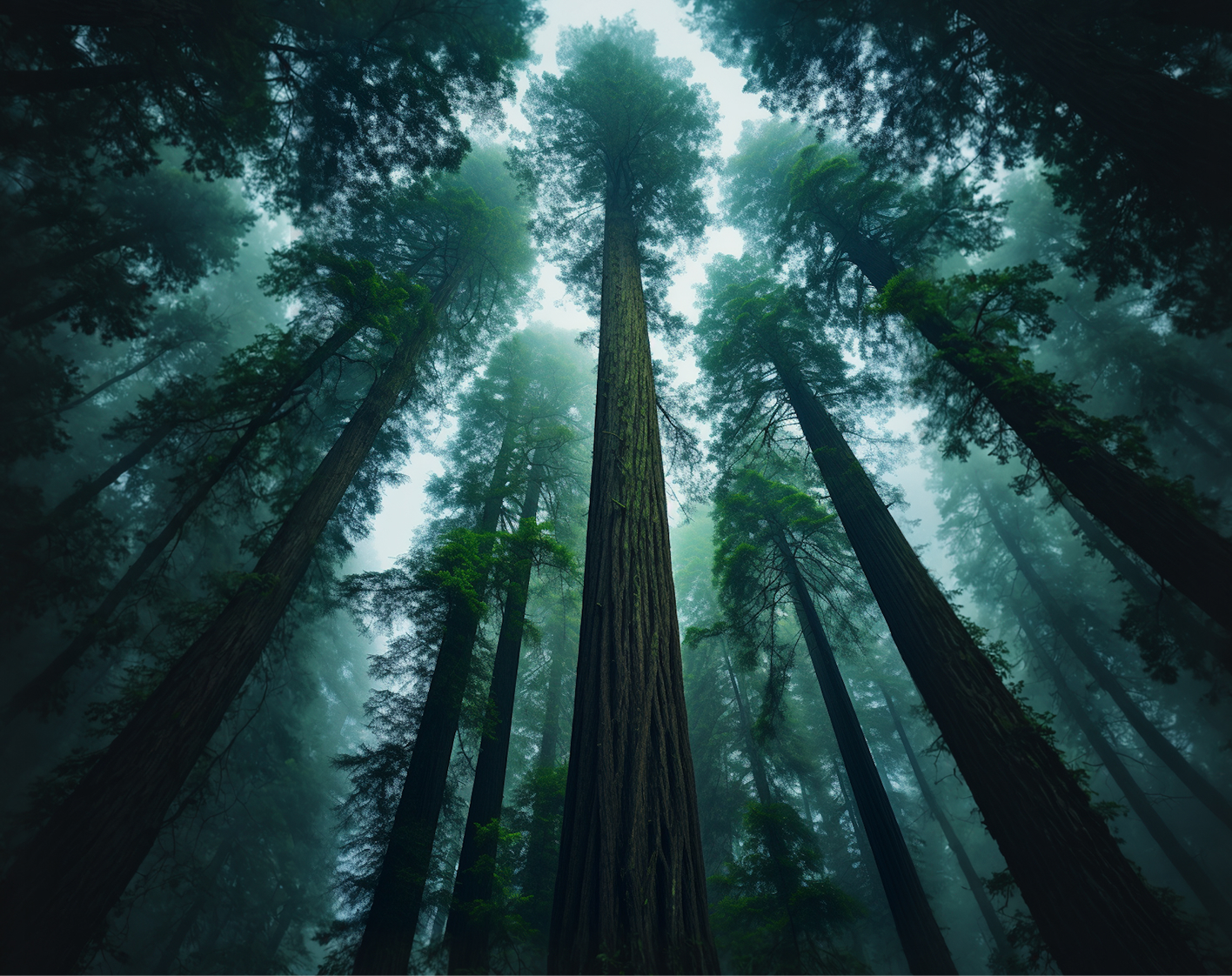 Towering old-growth trees in a misty carbon reserve